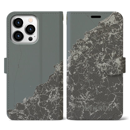 【浜田（島根県）】地図柄iPhoneケース（手帳タイプ）モノトーン・iPhone 13 Pro 用