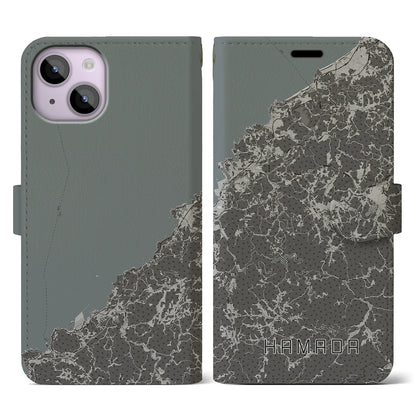 【浜田（島根県）】地図柄iPhoneケース（手帳タイプ）モノトーン・iPhone 14 用