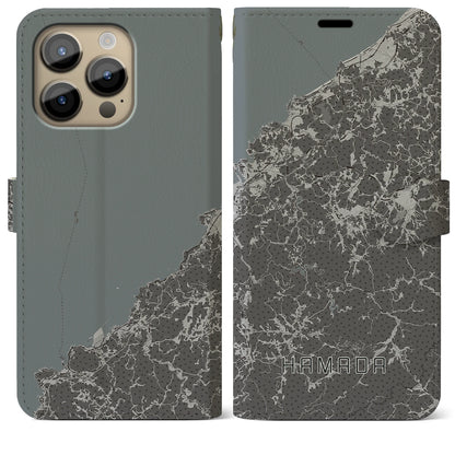 【浜田（島根県）】地図柄iPhoneケース（手帳タイプ）モノトーン・iPhone 14 Pro Max 用