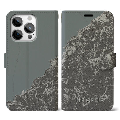 【浜田（島根県）】地図柄iPhoneケース（手帳タイプ）モノトーン・iPhone 14 Pro 用