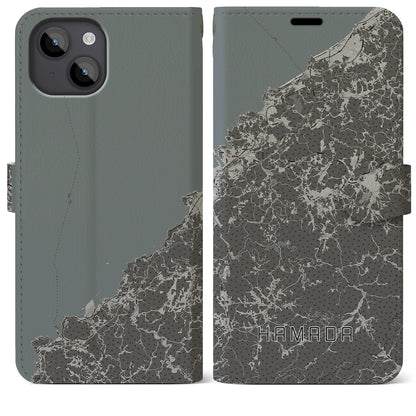 【浜田（島根県）】地図柄iPhoneケース（手帳タイプ）モノトーン・iPhone 14 Plus 用