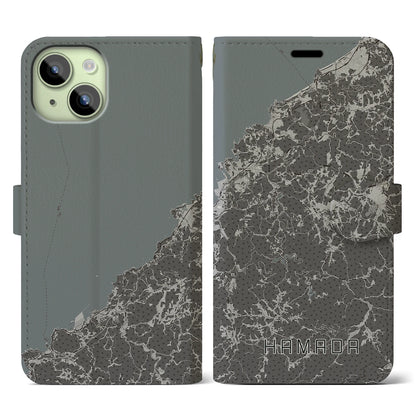 【浜田（島根県）】地図柄iPhoneケース（手帳タイプ）モノトーン・iPhone 15 用