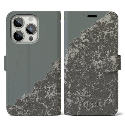 【浜田（島根県）】地図柄iPhoneケース（手帳タイプ）モノトーン・iPhone 15 Pro 用