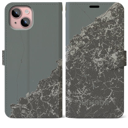 【浜田（島根県）】地図柄iPhoneケース（手帳タイプ）モノトーン・iPhone 15 Plus 用