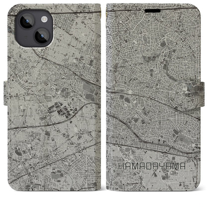 【浜田山（東京都）】地図柄iPhoneケース（手帳タイプ）モノトーン・iPhone 14 Plus 用