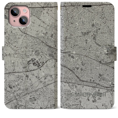 【浜田山（東京都）】地図柄iPhoneケース（手帳タイプ）モノトーン・iPhone 15 Plus 用