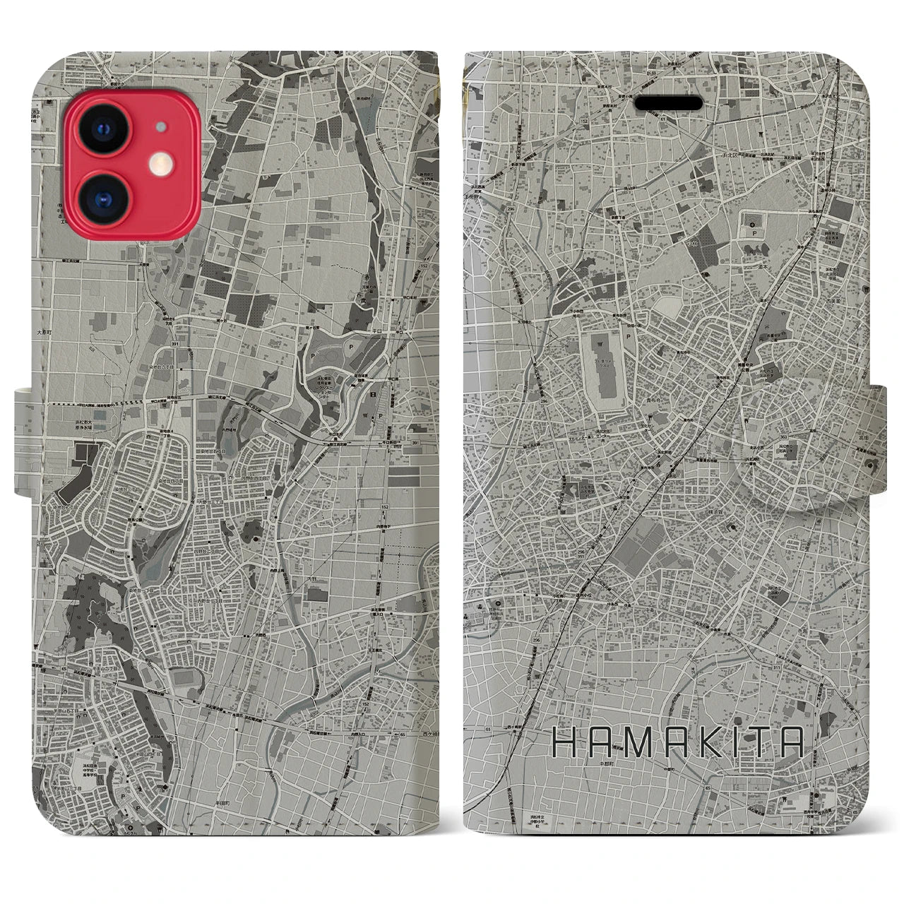 【浜北】地図柄iPhoneケース（手帳両面タイプ・モノトーン）iPhone 11 用