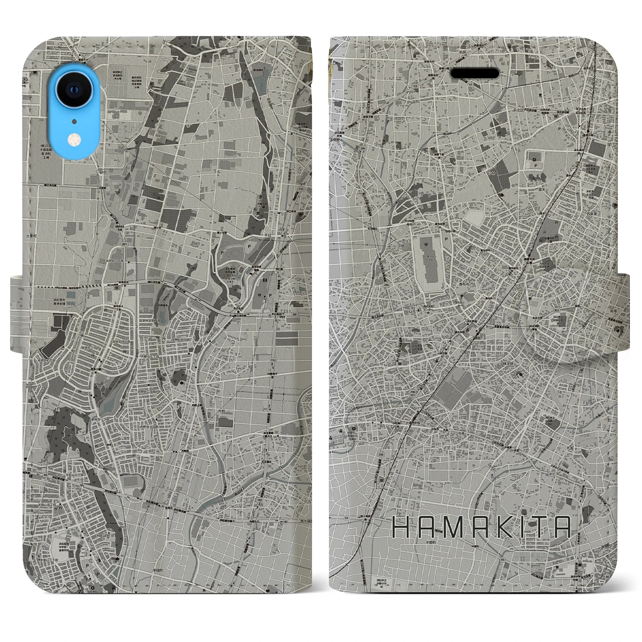 【浜北】地図柄iPhoneケース（手帳両面タイプ・モノトーン）iPhone XR 用