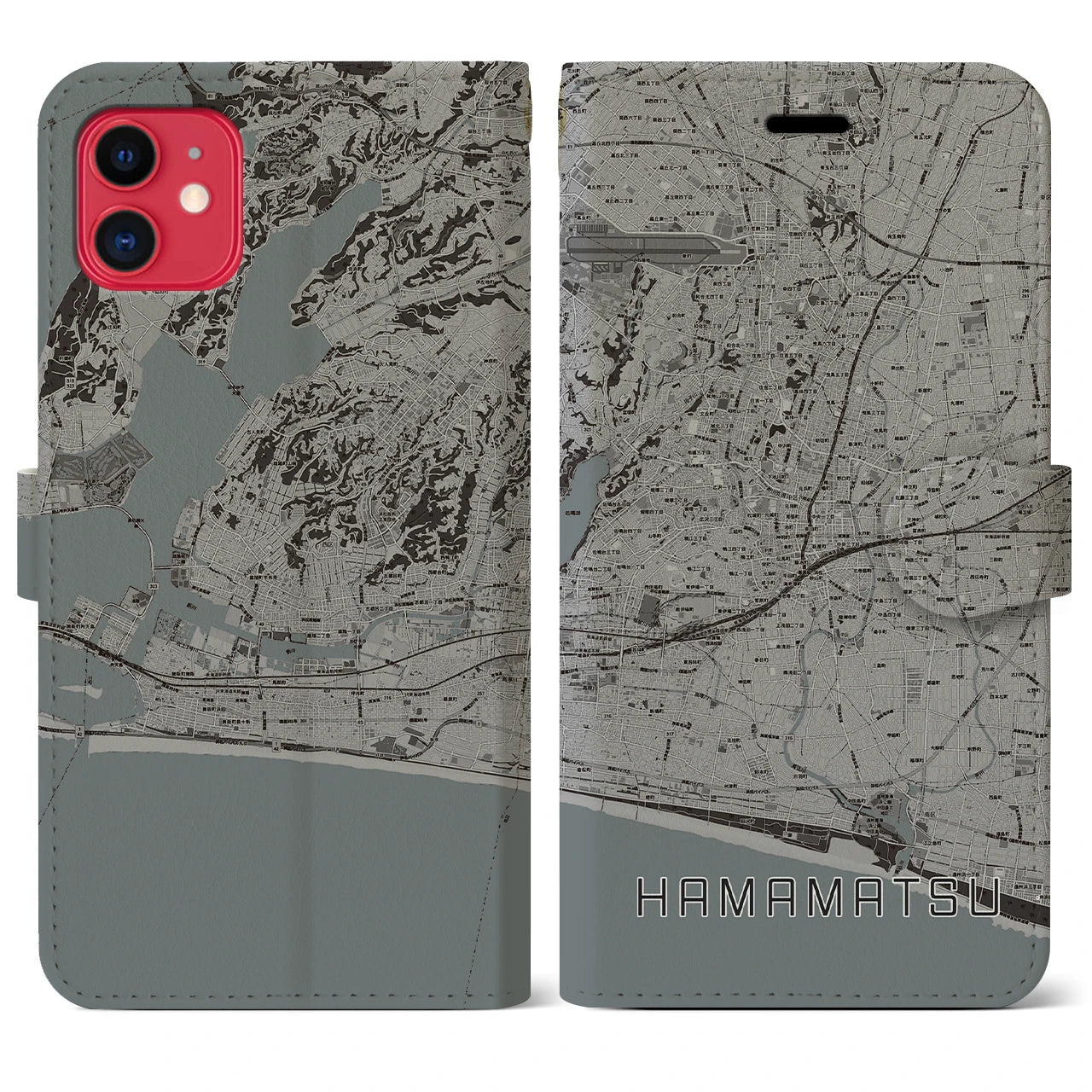 【浜松】地図柄iPhoneケース（手帳両面タイプ・モノトーン）iPhone 11 用