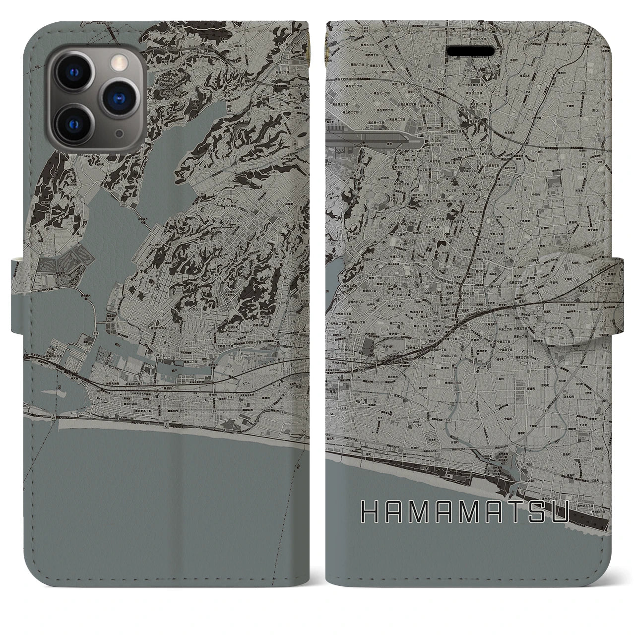 【浜松】地図柄iPhoneケース（手帳両面タイプ・モノトーン）iPhone 11 Pro Max 用