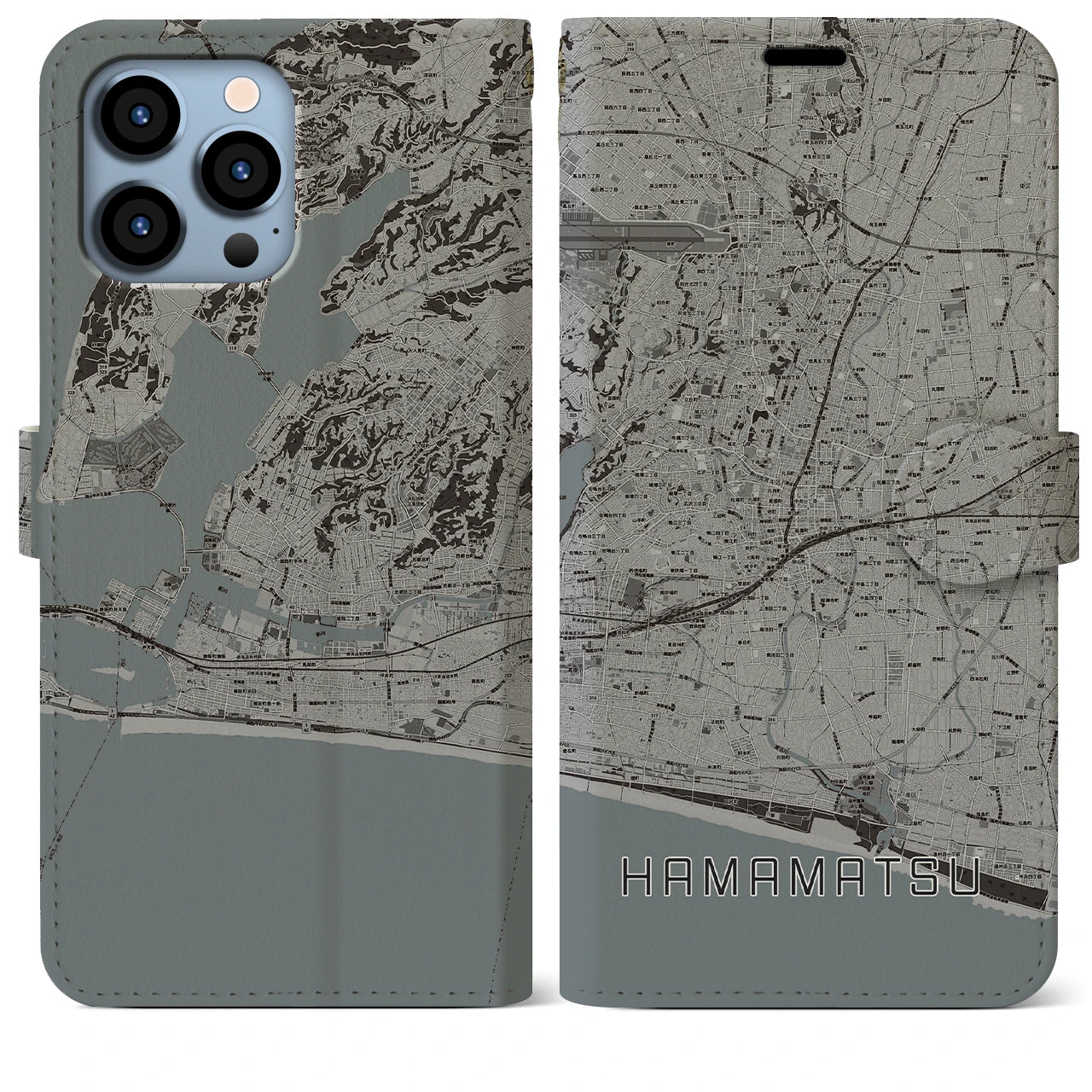 【浜松】地図柄iPhoneケース（手帳両面タイプ・モノトーン）iPhone 13 Pro Max 用
