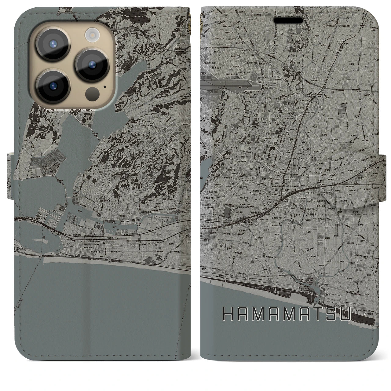 【浜松】地図柄iPhoneケース（手帳両面タイプ・モノトーン）iPhone 14 Pro Max 用