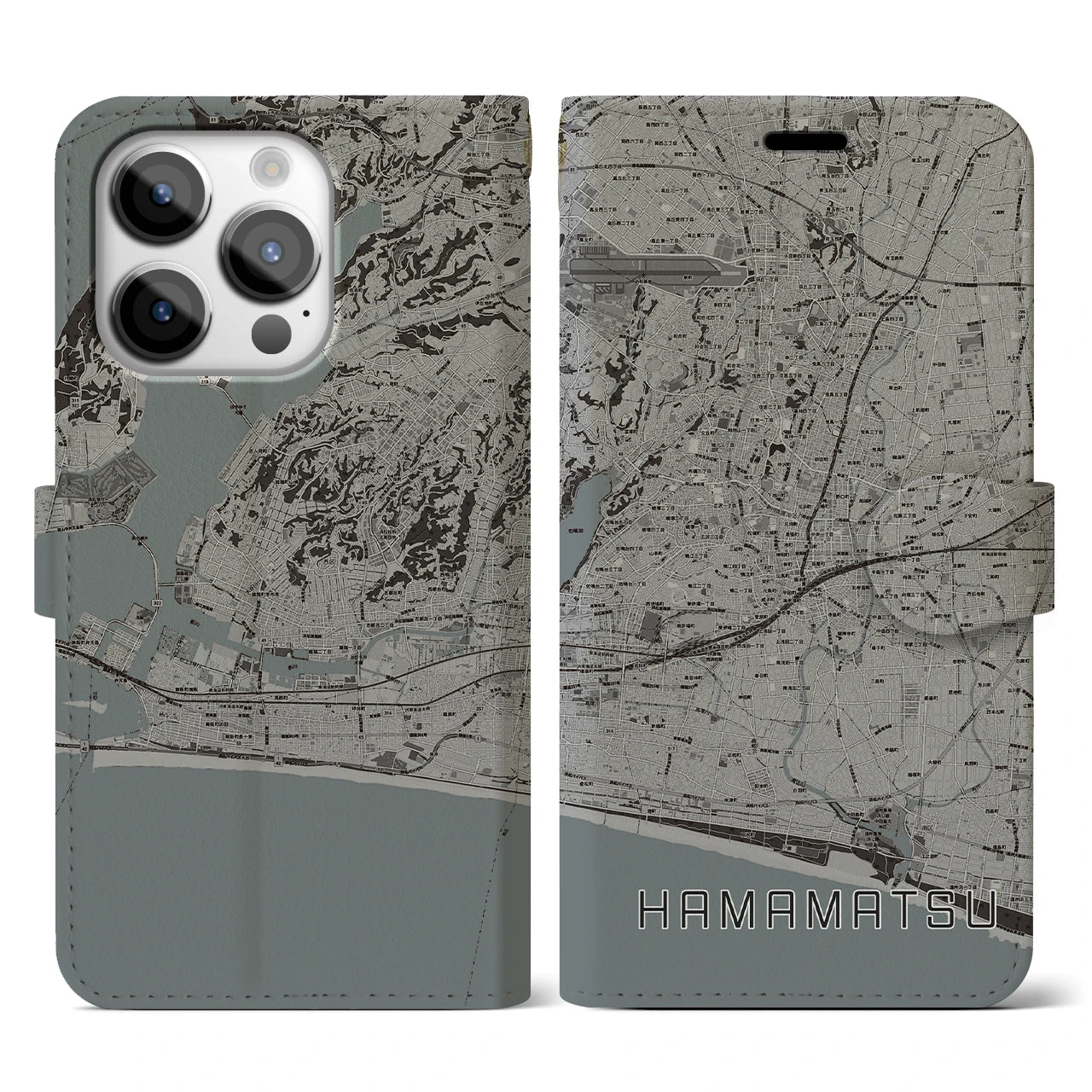 【浜松】地図柄iPhoneケース（手帳両面タイプ・モノトーン）iPhone 14 Pro 用