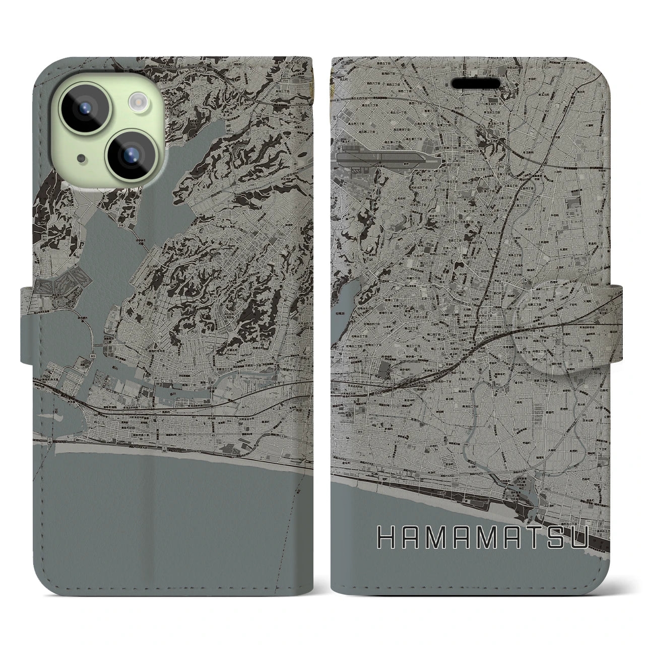【浜松】地図柄iPhoneケース（手帳両面タイプ・モノトーン）iPhone 15 用