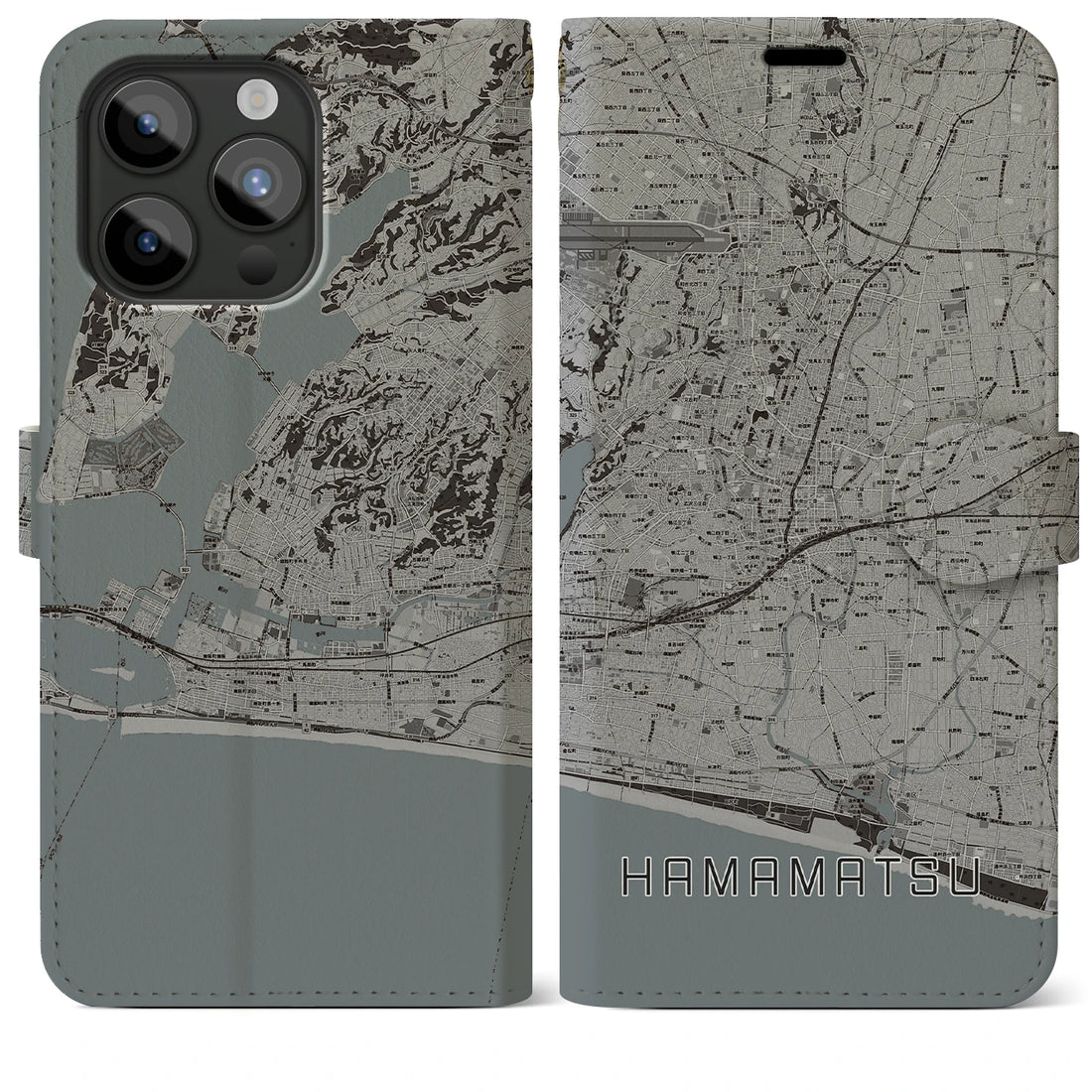 【浜松】地図柄iPhoneケース（手帳両面タイプ・モノトーン）iPhone 15 Pro Max 用