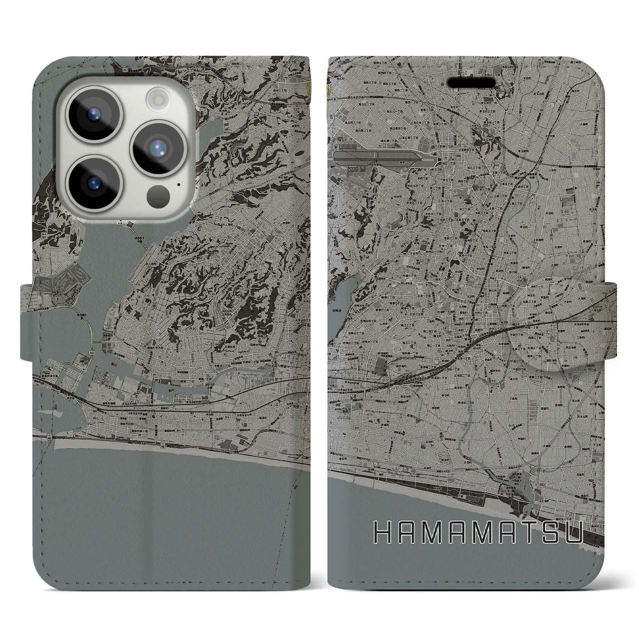 【浜松】地図柄iPhoneケース（手帳両面タイプ・モノトーン）iPhone 15 Pro 用