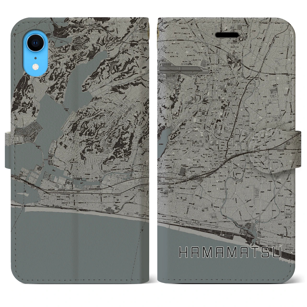 【浜松】地図柄iPhoneケース（手帳両面タイプ・モノトーン）iPhone XR 用