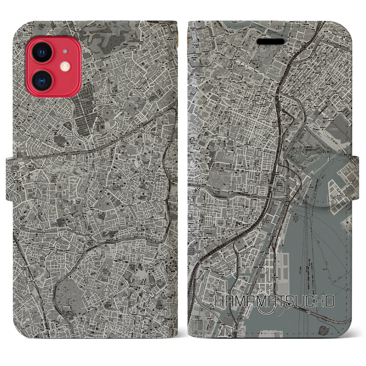 【浜松町】地図柄iPhoneケース（手帳両面タイプ・モノトーン）iPhone 11 用