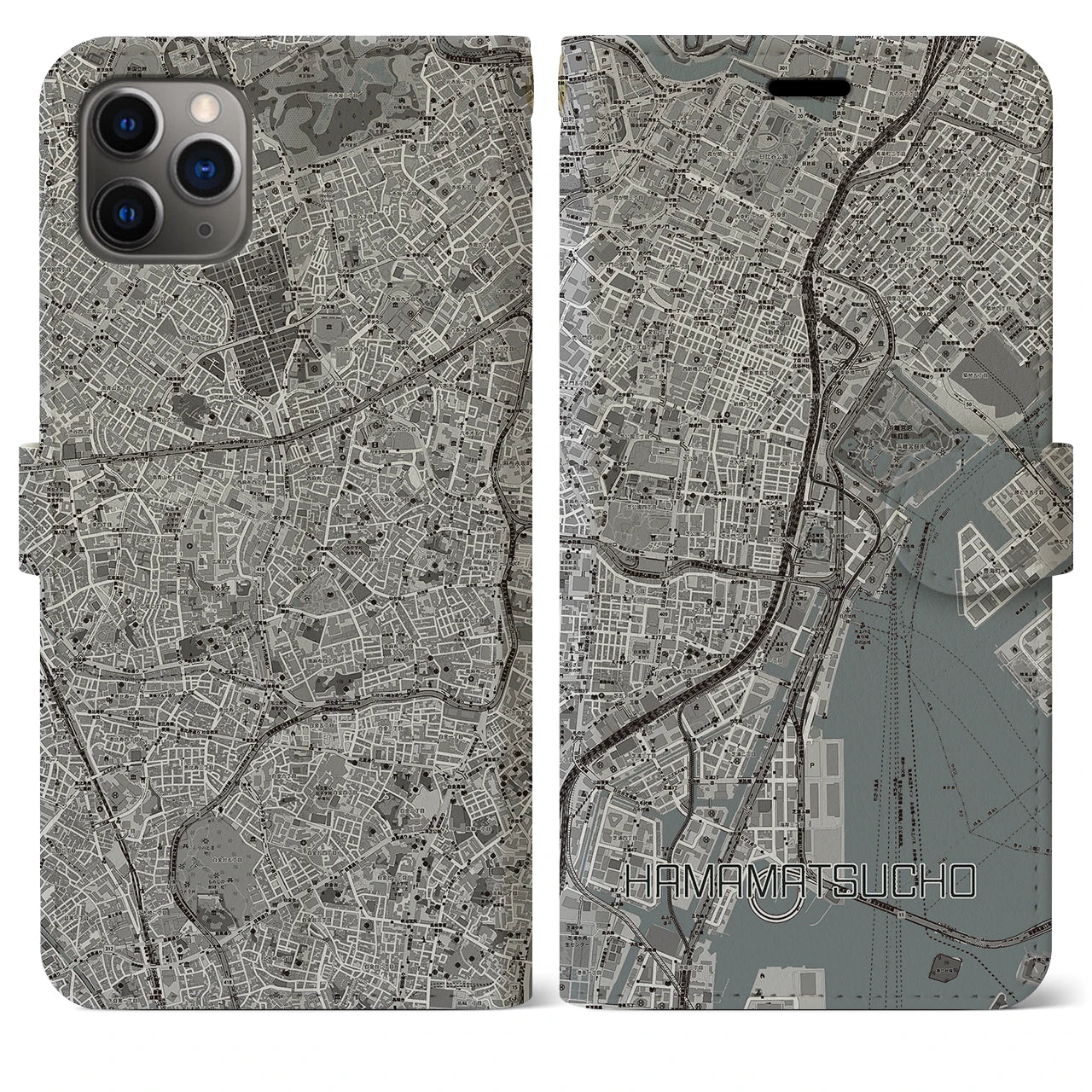 【浜松町】地図柄iPhoneケース（手帳両面タイプ・モノトーン）iPhone 11 Pro Max 用