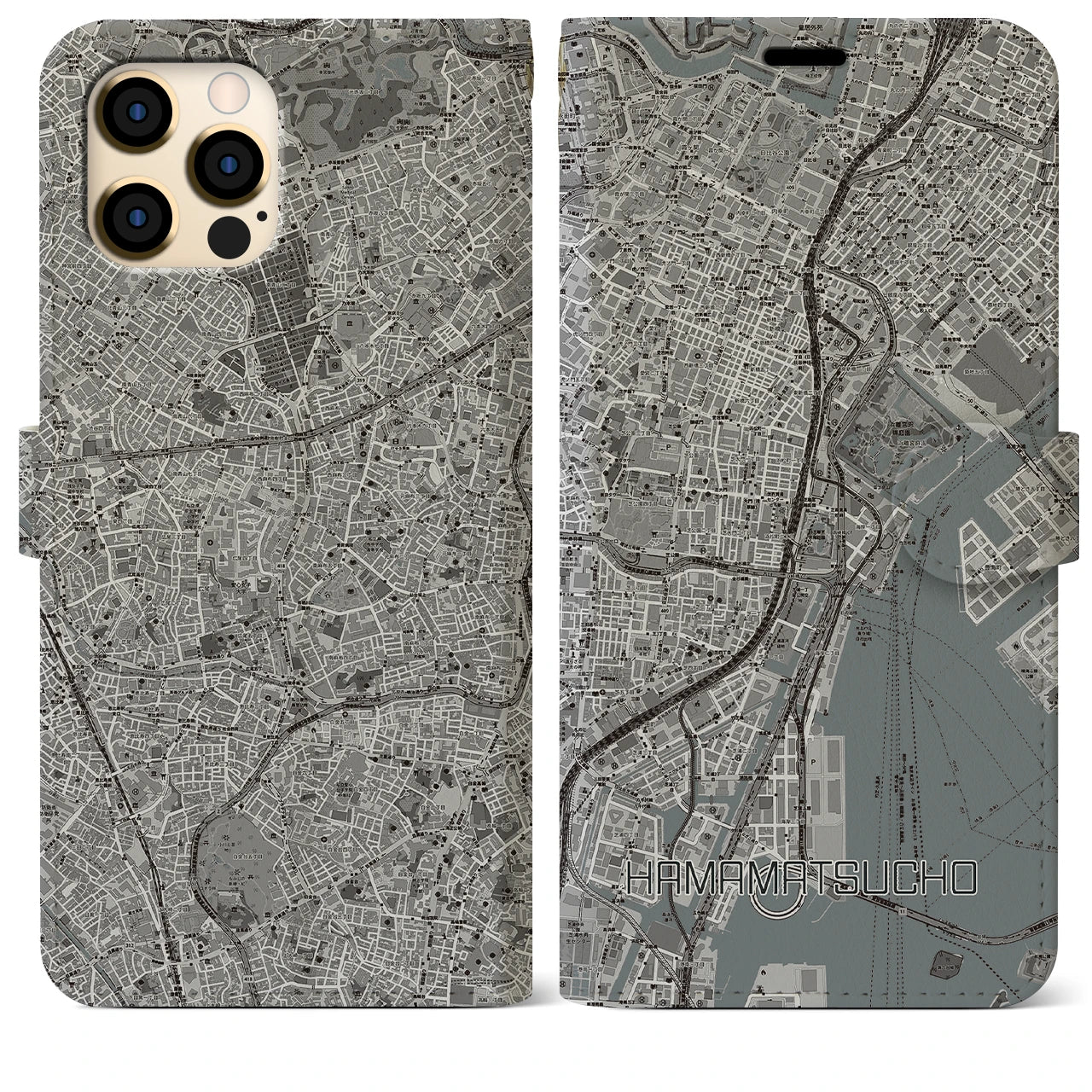 【浜松町】地図柄iPhoneケース（手帳両面タイプ・モノトーン）iPhone 12 Pro Max 用