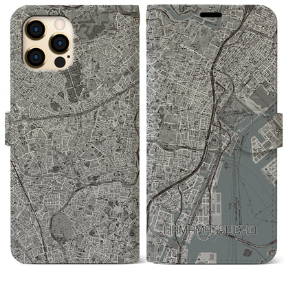 【浜松町（東京都）】地図柄iPhoneケース（手帳タイプ）モノトーン・iPhone 12 Pro Max 用