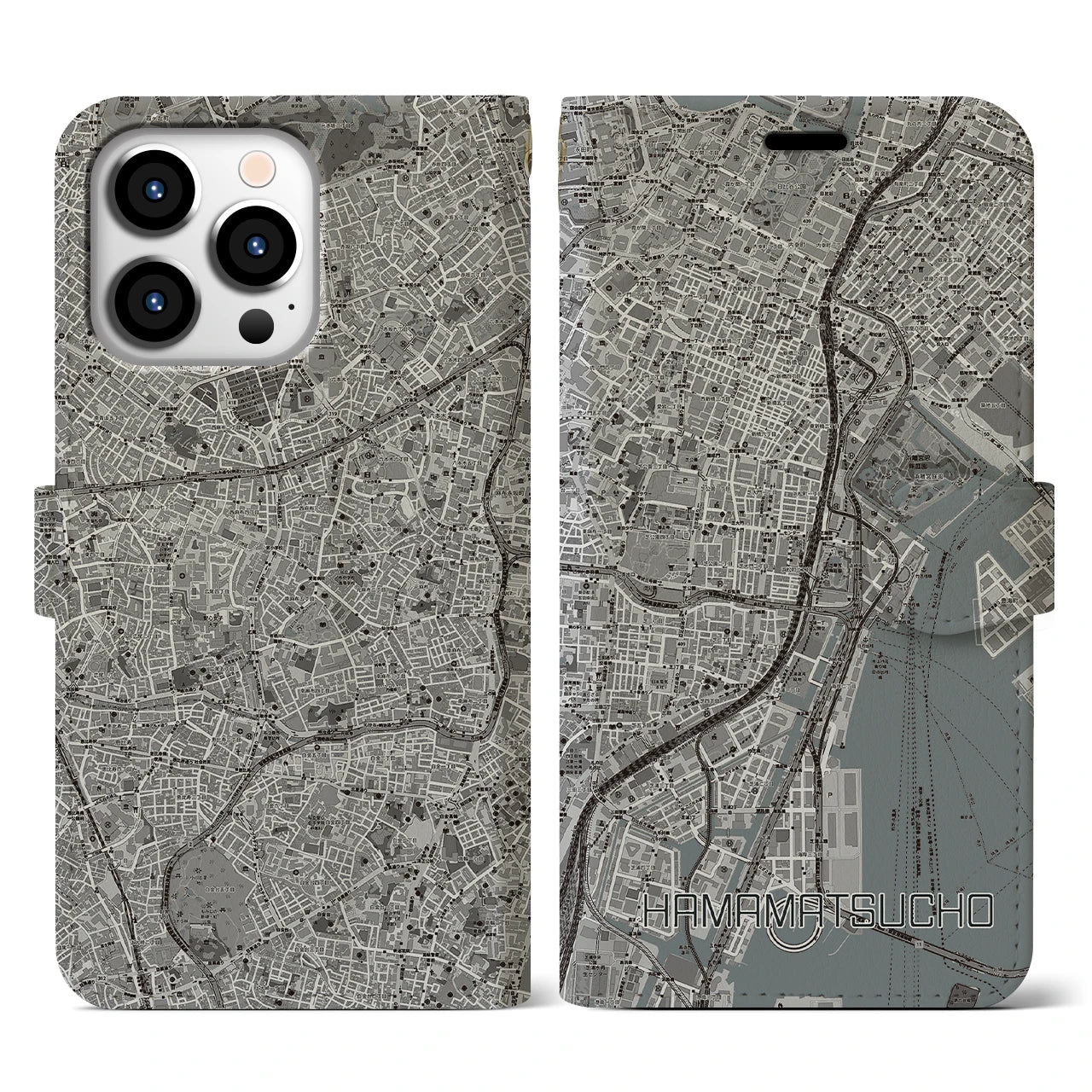 【浜松町】地図柄iPhoneケース（手帳両面タイプ・モノトーン）iPhone 13 Pro 用