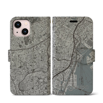 【浜松町（東京都）】地図柄iPhoneケース（手帳タイプ）モノトーン・iPhone 13 mini 用