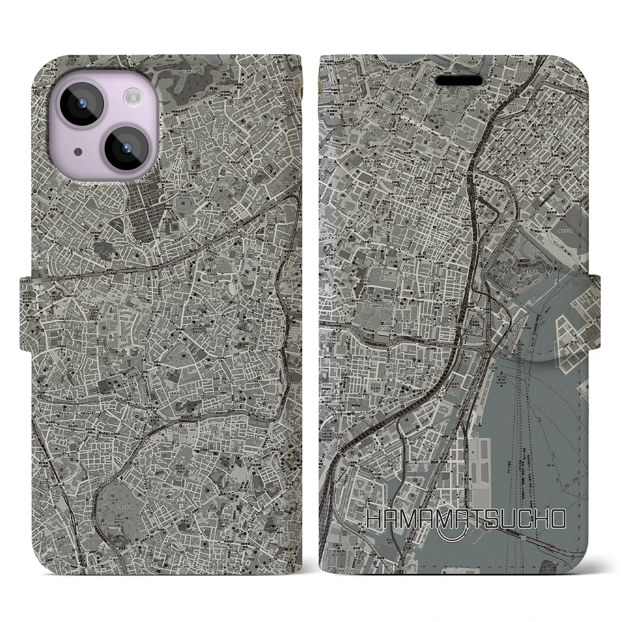 【浜松町】地図柄iPhoneケース（手帳両面タイプ・モノトーン）iPhone 14 用