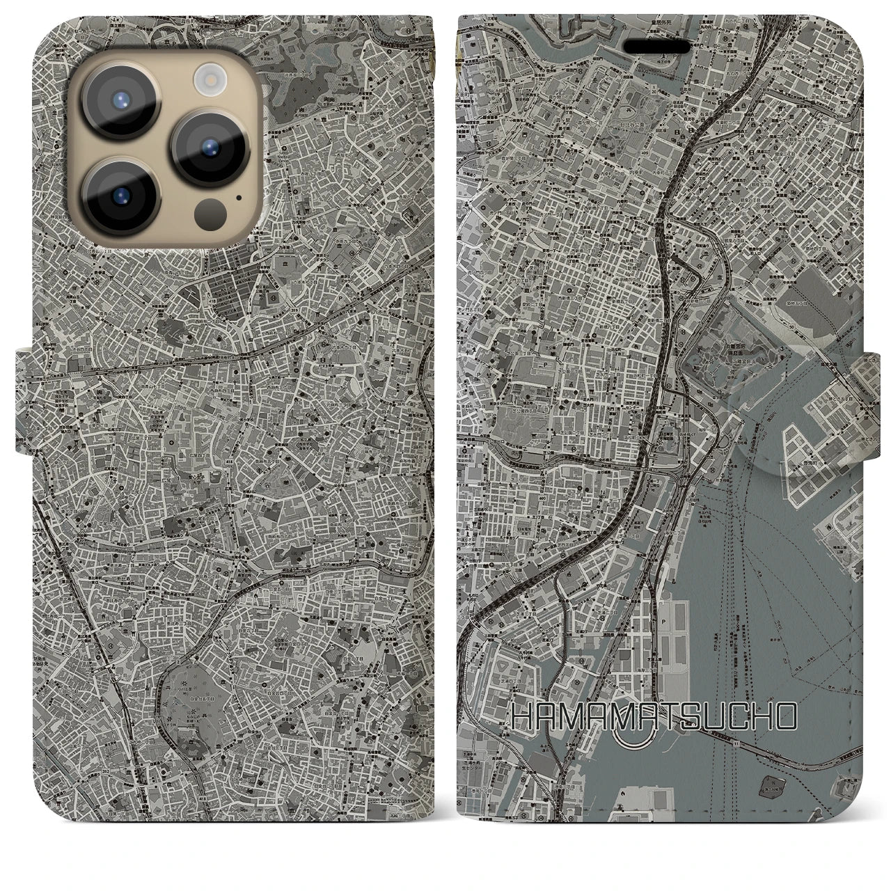 【浜松町】地図柄iPhoneケース（手帳両面タイプ・モノトーン）iPhone 14 Pro Max 用