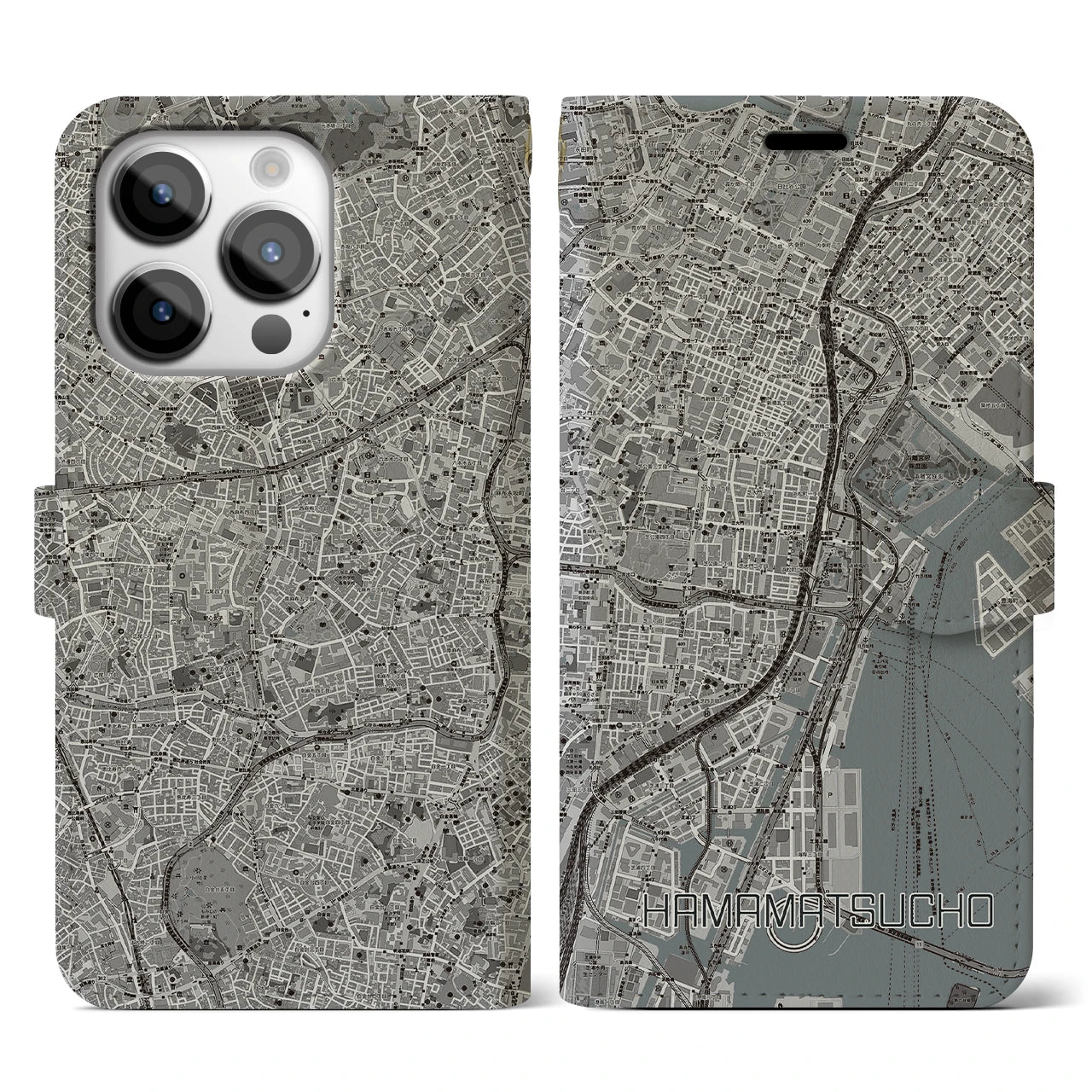 【浜松町】地図柄iPhoneケース（手帳両面タイプ・モノトーン）iPhone 14 Pro 用