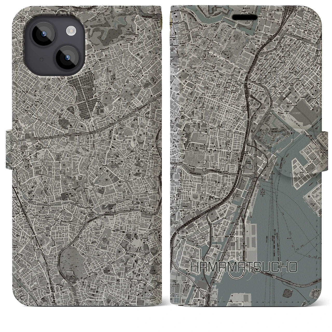 【浜松町】地図柄iPhoneケース（手帳両面タイプ・モノトーン）iPhone 14 Plus 用