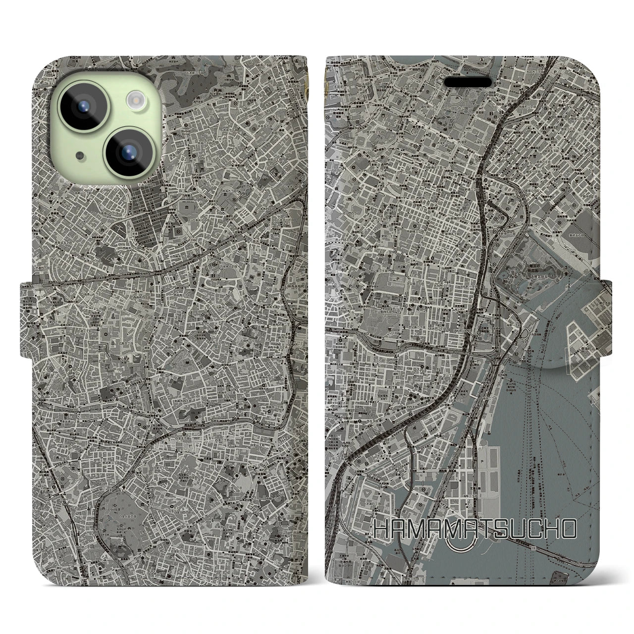 【浜松町】地図柄iPhoneケース（手帳両面タイプ・モノトーン）iPhone 15 用