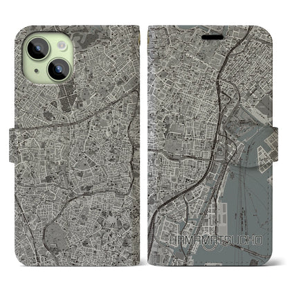 【浜松町（東京都）】地図柄iPhoneケース（手帳タイプ）モノトーン・iPhone 15 用