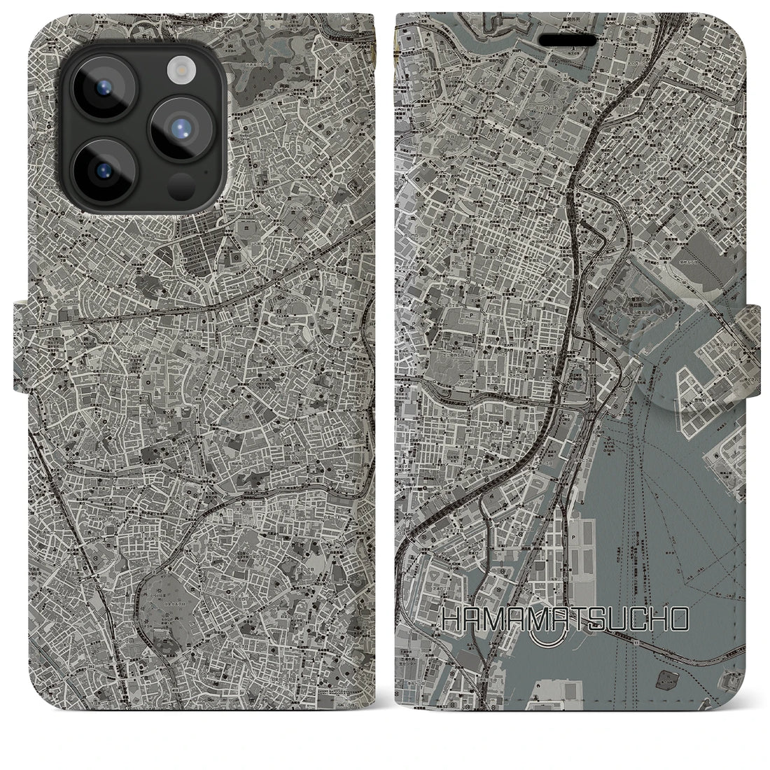 【浜松町】地図柄iPhoneケース（手帳両面タイプ・モノトーン）iPhone 15 Pro Max 用