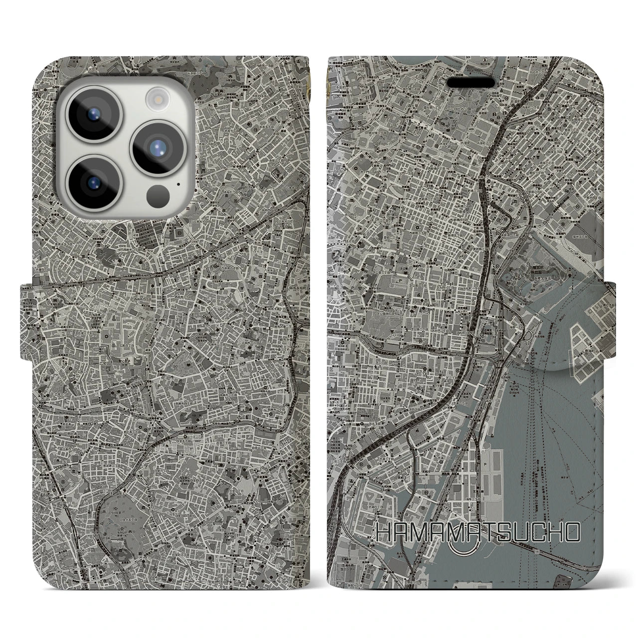 【浜松町】地図柄iPhoneケース（手帳両面タイプ・モノトーン）iPhone 15 Pro 用