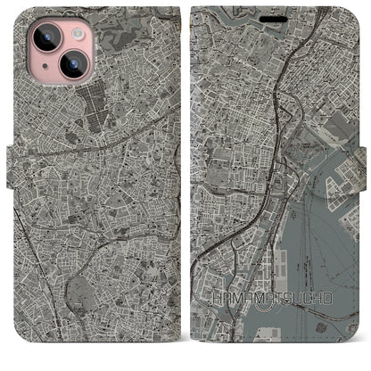 【浜松町（東京都）】地図柄iPhoneケース（手帳タイプ）モノトーン・iPhone 15 Plus 用