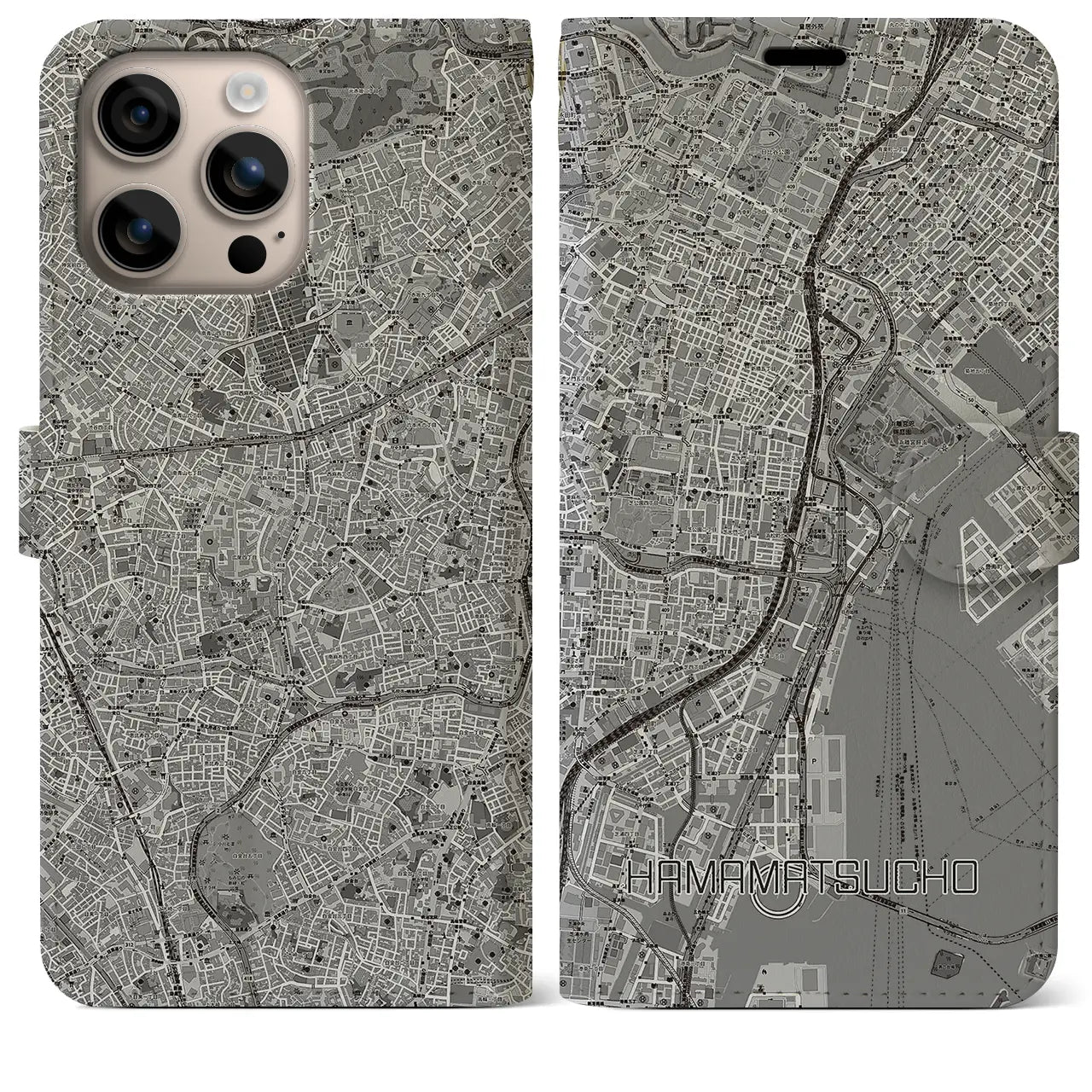 【浜松町（東京都）】地図柄iPhoneケース（手帳タイプ）モノトーン・iPhone 16 Plus 用