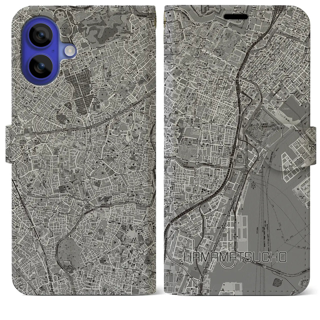 【浜松町（東京都）】地図柄iPhoneケース（手帳タイプ）モノトーン・iPhone 16 Pro Max 用