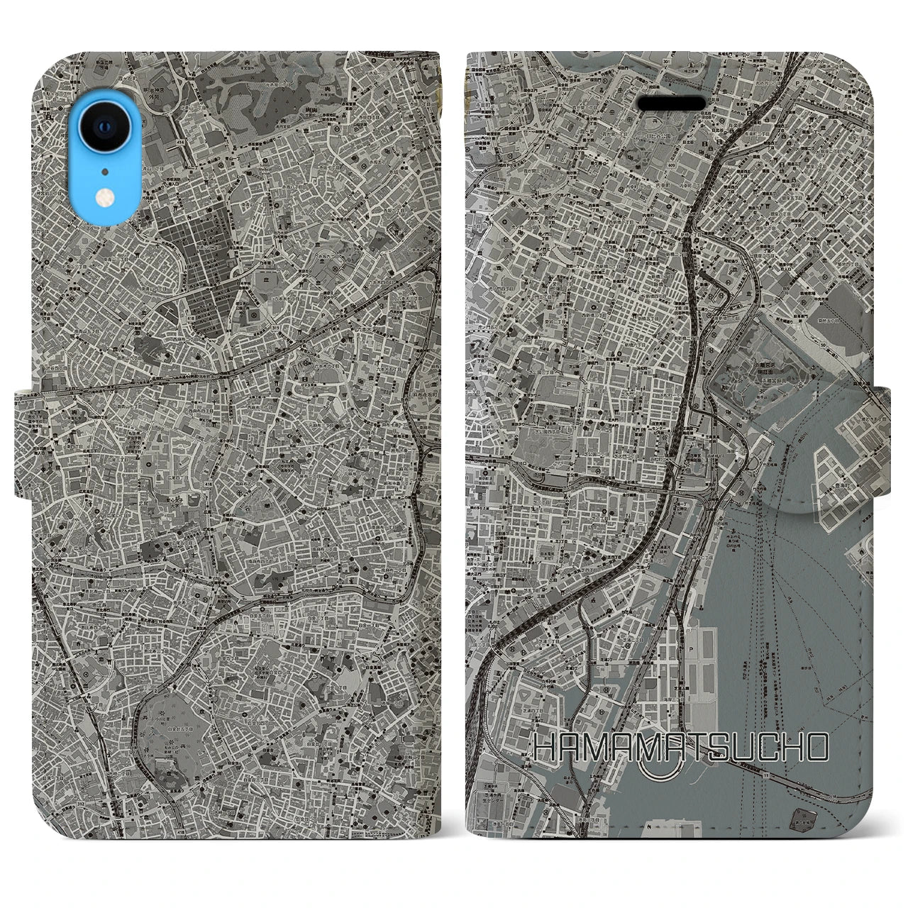 【浜松町】地図柄iPhoneケース（手帳両面タイプ・モノトーン）iPhone XR 用