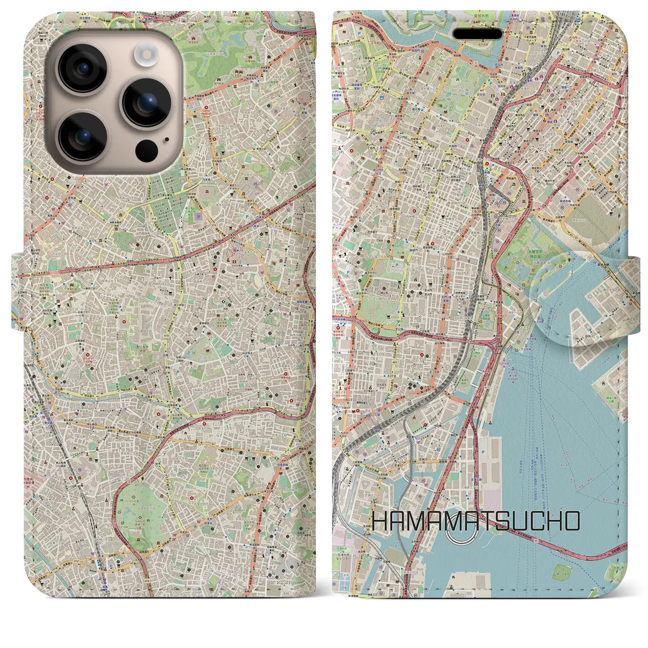 【浜松町（東京都）】地図柄iPhoneケース（手帳タイプ）ナチュラル・iPhone 16 Plus 用