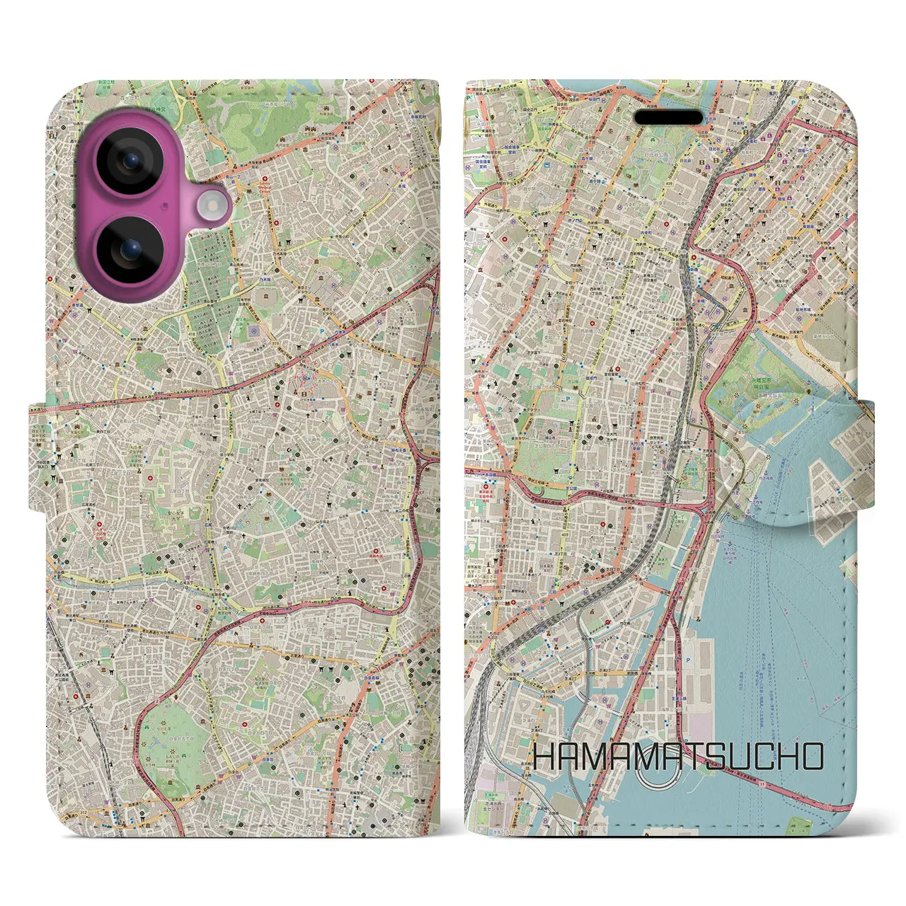 【浜松町（東京都）】地図柄iPhoneケース（手帳タイプ）ナチュラル・iPhone 16 Pro 用