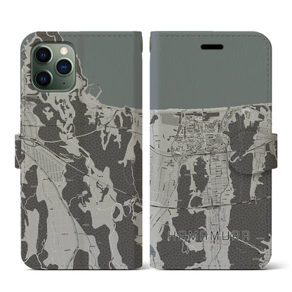 【浜村（鳥取県）】地図柄iPhoneケース（手帳タイプ）モノトーン・iPhone 11 Pro 用