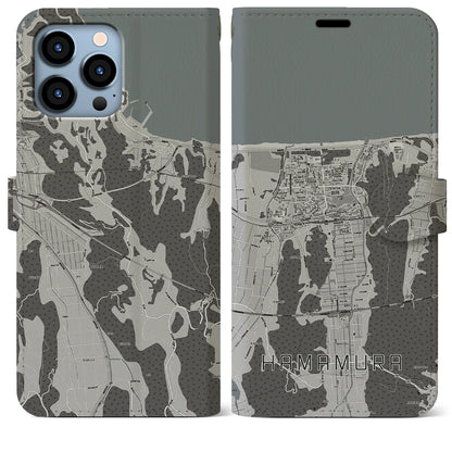 【浜村（鳥取県）】地図柄iPhoneケース（手帳タイプ）モノトーン・iPhone 13 Pro Max 用