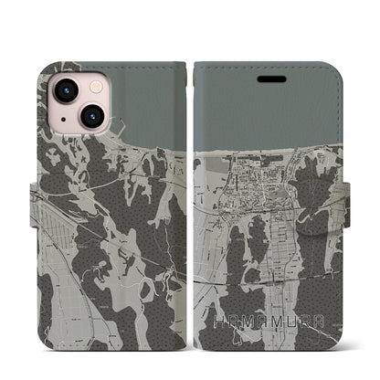 【浜村（鳥取県）】地図柄iPhoneケース（手帳タイプ）モノトーン・iPhone 13 mini 用