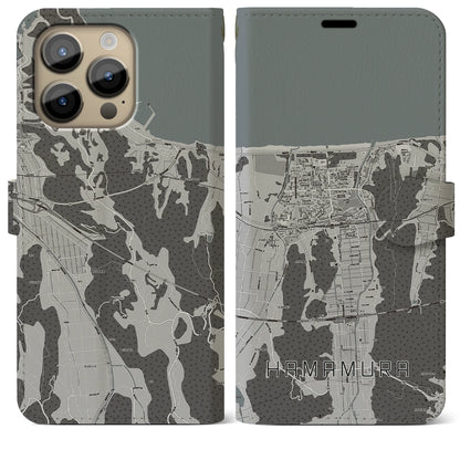 【浜村（鳥取県）】地図柄iPhoneケース（手帳タイプ）モノトーン・iPhone 14 Pro Max 用