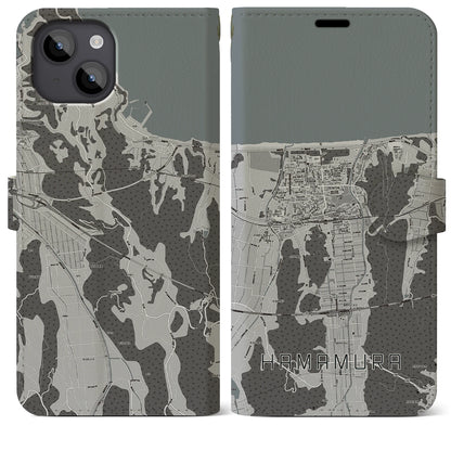 【浜村（鳥取県）】地図柄iPhoneケース（手帳タイプ）モノトーン・iPhone 14 Plus 用