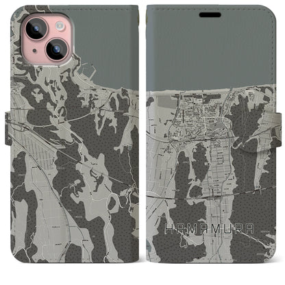 【浜村（鳥取県）】地図柄iPhoneケース（手帳タイプ）モノトーン・iPhone 15 Plus 用