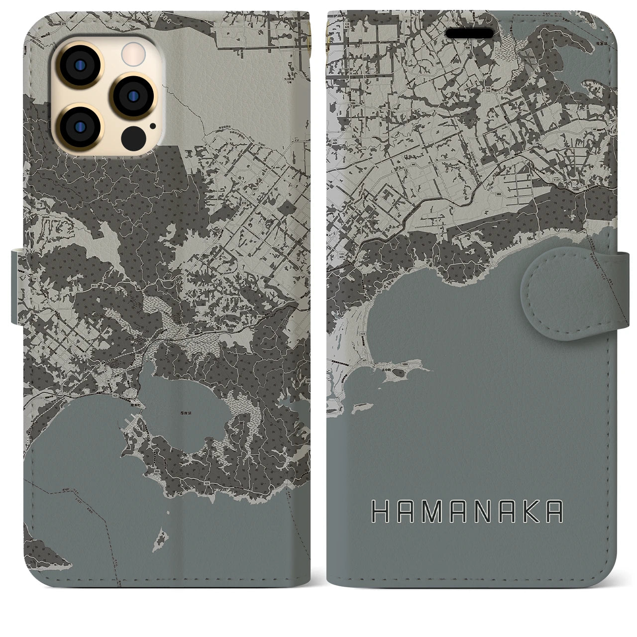 【浜中】地図柄iPhoneケース（手帳両面タイプ・モノトーン）iPhone 12 Pro Max 用