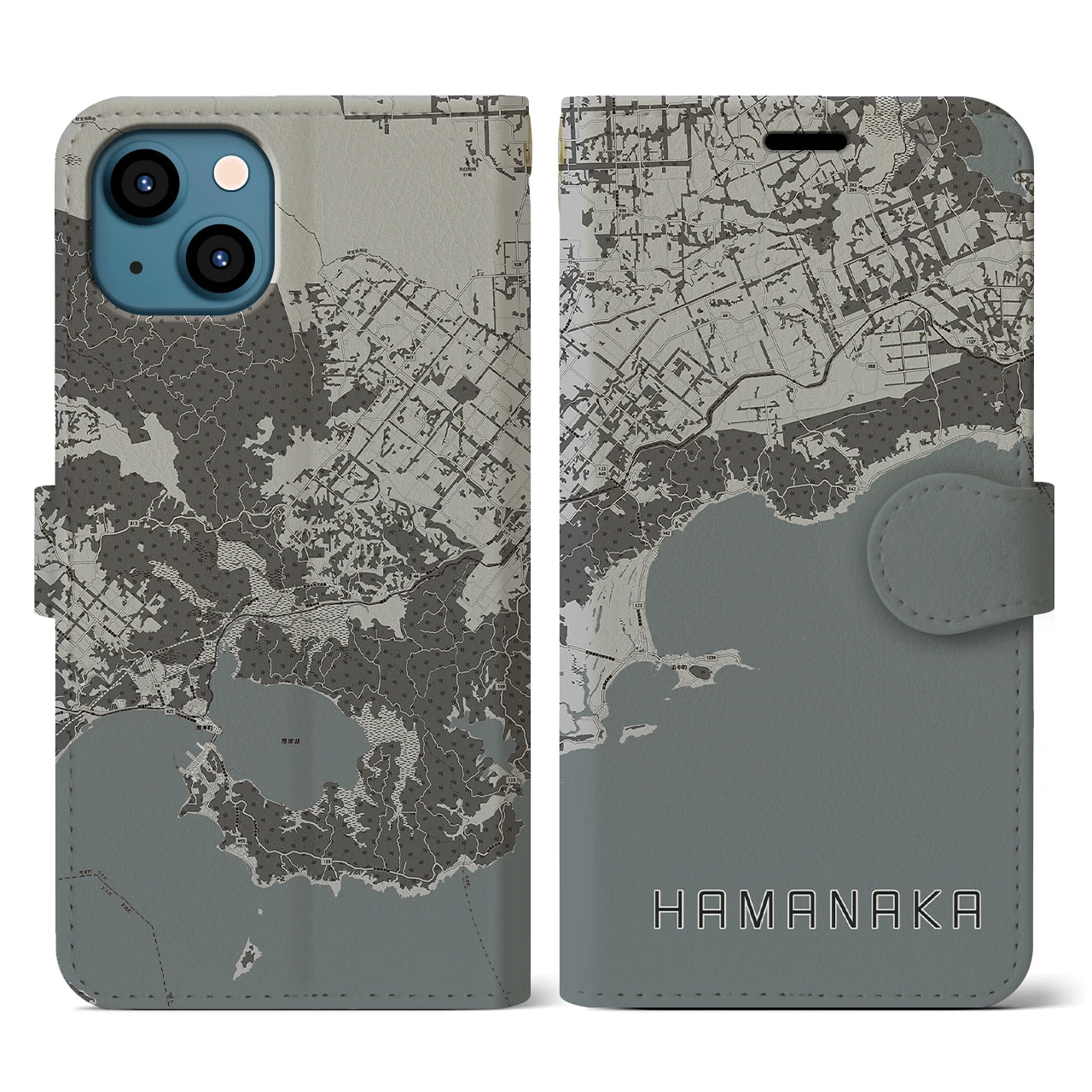 【浜中】地図柄iPhoneケース（手帳両面タイプ・モノトーン）iPhone 13 用