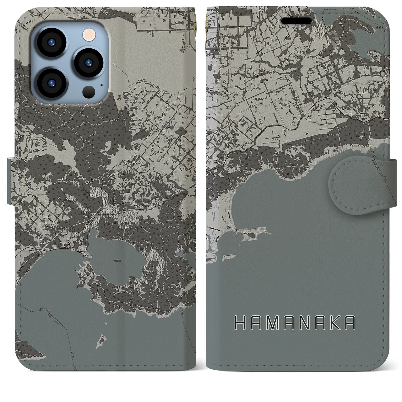 【浜中】地図柄iPhoneケース（手帳両面タイプ・モノトーン）iPhone 13 Pro Max 用